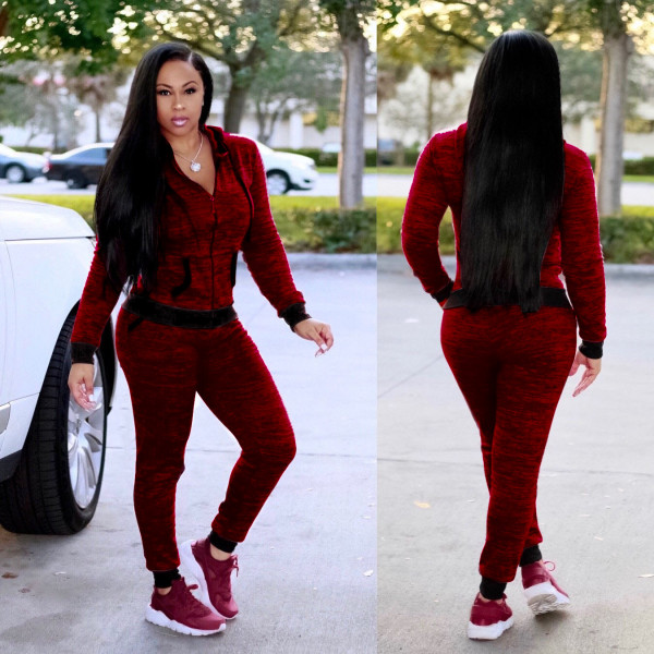 Long Sleeve Hooded Coat Sport 2 Piece Pants Set TE-4718
