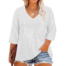 Plus Size Casual Sequin V Neck T Shirt GOSD-1554