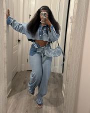 Casual Color Block Denim 2 Piece Pants Set TR-1319