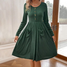 Solid Color Button Knit Long Sleeve Midi Dress GYSQ-CDDH3060