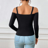 Metallic Hook Long Sleeve Off Shoulder Knit Top GYSQ-CTDI0870