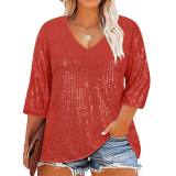 Plus Size Casual Sequin V Neck T Shirt GOSD-1554