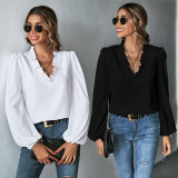 Ruffles Long Sleeve V Neck Shirt GYSQ-QCCH0540