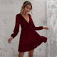 Deep V Neck Bubble Sleeve Velour Ruffles Dress GYSQ-SY200808DR01