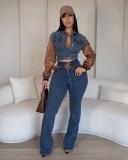 Fashion Denim Patchwork Leather Sleeve Pants Suit MEM-88611