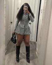 Fashion Denim Long Sleeve Shirt Skirt Two Piece Set MEM-88609