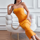Solid Color Wrap Chest Slim Midi Dress GYSQ-CDCJ0610
