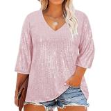Plus Size Casual Sequin V Neck T Shirt GOSD-1554