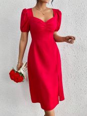 Short Sleeve Solid Color Pleated Midi Dress GYSQ-CDEA0920