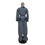 Casual Color Block Denim 2 Piece Pants Set TR-1319