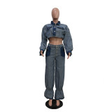 Casual Color Block Denim 2 Piece Pants Set TR-1319