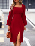 Long Sleeve Square Neck Split Midi Dress GYSQ-CDDK2510