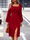 Long Sleeve Square Neck Split Midi Dress GYSQ-CDDK2510