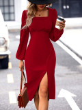 Long Sleeve Square Neck Split Midi Dress GYSQ-CDDK2510