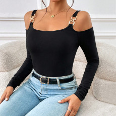 Metallic Hook Long Sleeve Off Shoulder Knit Top GYSQ-CTDI0870
