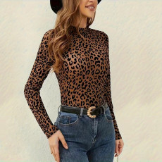 Fashion Tight Leopard Print See-Through Bottom Shirt MAE-2198