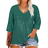 Plus Size Casual Sequin V Neck T Shirt GOSD-1554