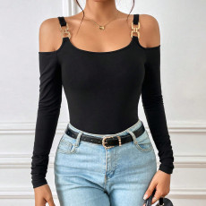 Metallic Hook Long Sleeve Off Shoulder Knit Top GYSQ-CTDI0870