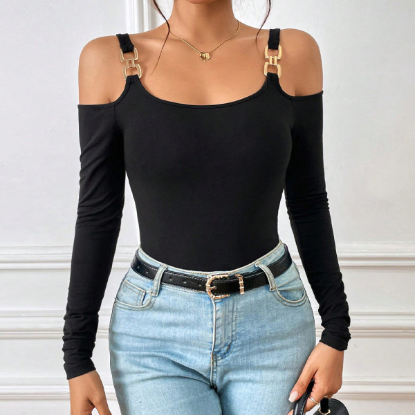 Metallic Hook Long Sleeve Off Shoulder Knit Top GYSQ-CTDI0870
