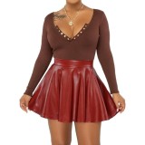Solid Color PU Leather Half Mini Skirt GPBY-16353