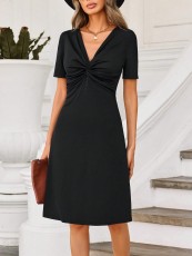 V Neck Pleated Solid Midi Dress GYSQ-XDEC2720