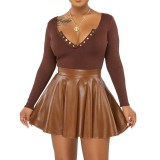 Solid Color PU Leather Half Mini Skirt GPBY-16353