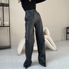 Fashion Solid Color PU Leather Straight Pant GPBY-8005