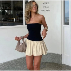 Off Shoulder Color-blocked Patchwork Pleated Mini Dress GPBY-15725