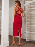Solid Color Sling Tie Up Midi Dress GYSQ-CDBK1930