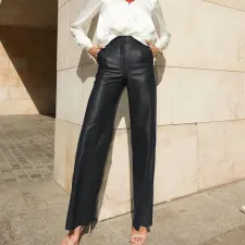 Fashion Solid Color PU Leather Straight Pant GPBY-8005