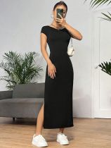 Backless Solid Color Knits Split Midi Dress GYSQ-CDEA2420