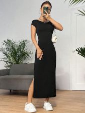 Backless Solid Color Knits Split Midi Dress GYSQ-CDEA2420