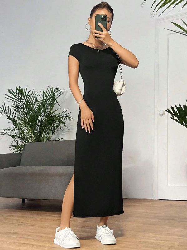 Backless Solid Color Knits Split Midi Dress GYSQ-CDEA2420