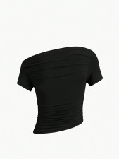 Slash Shoulder Short Sleeve Skinny Tops GYSQ-CTEA0340