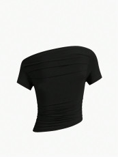 Slash Shoulder Short Sleeve Skinny Tops GYSQ-CTEA0340