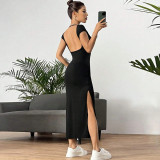 Backless Solid Color Knits Split Midi Dress GYSQ-CDEA2420