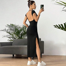Backless Solid Color Knits Split Midi Dress GYSQ-CDEA2420