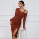 Long Sleeve Drawstring Split Midi Dress GYSQ-WDCG2610