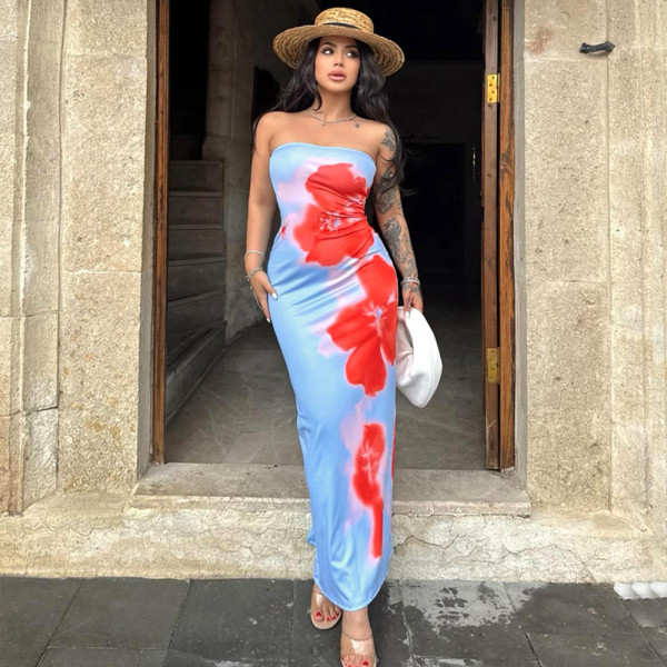 Print Tube Tops Split Midi Dress GPBY-15786
