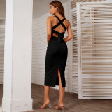 Solid Color Sling Tie Up Midi Dress GYSQ-CDBK1930