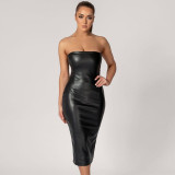Sexy Wrap Chest PU Leather Split Midi Dress GPBY-1481