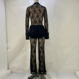 Lace Patchwork Deep V Neck Two Piece Pants Set GPBY-15117