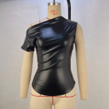 Slash Shoulder Patchwork PU Leather Top GPBY-15721
