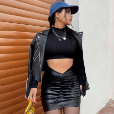 Solid Color Pleated PU Leather Mini Skirt GPBY-2113