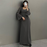 Loose U Neck Tie Up Long Sleeve Long Dress GPBY-14593
