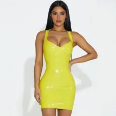 V Neck PU Leather Mini Dress GPBY-14417
