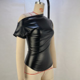 Slash Shoulder Patchwork PU Leather Top GPBY-15721