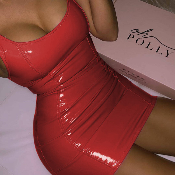 PU Leather Glossy Sleeveless Mini Dress GPBY-13243