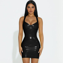 V Neck PU Leather Mini Dress GPBY-14417