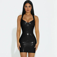 V Neck PU Leather Mini Dress GPBY-14417